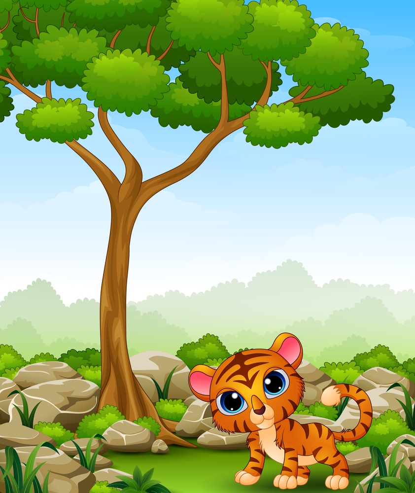 Vector illustration of Cartoon baby tiger in the jungle