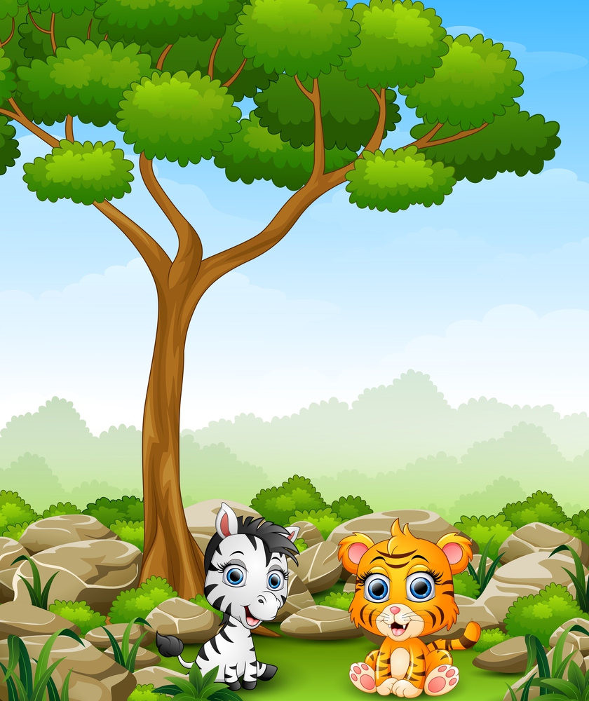 Vector illustration of Cartoon baby zebra with baby tiger sitting in the jungle