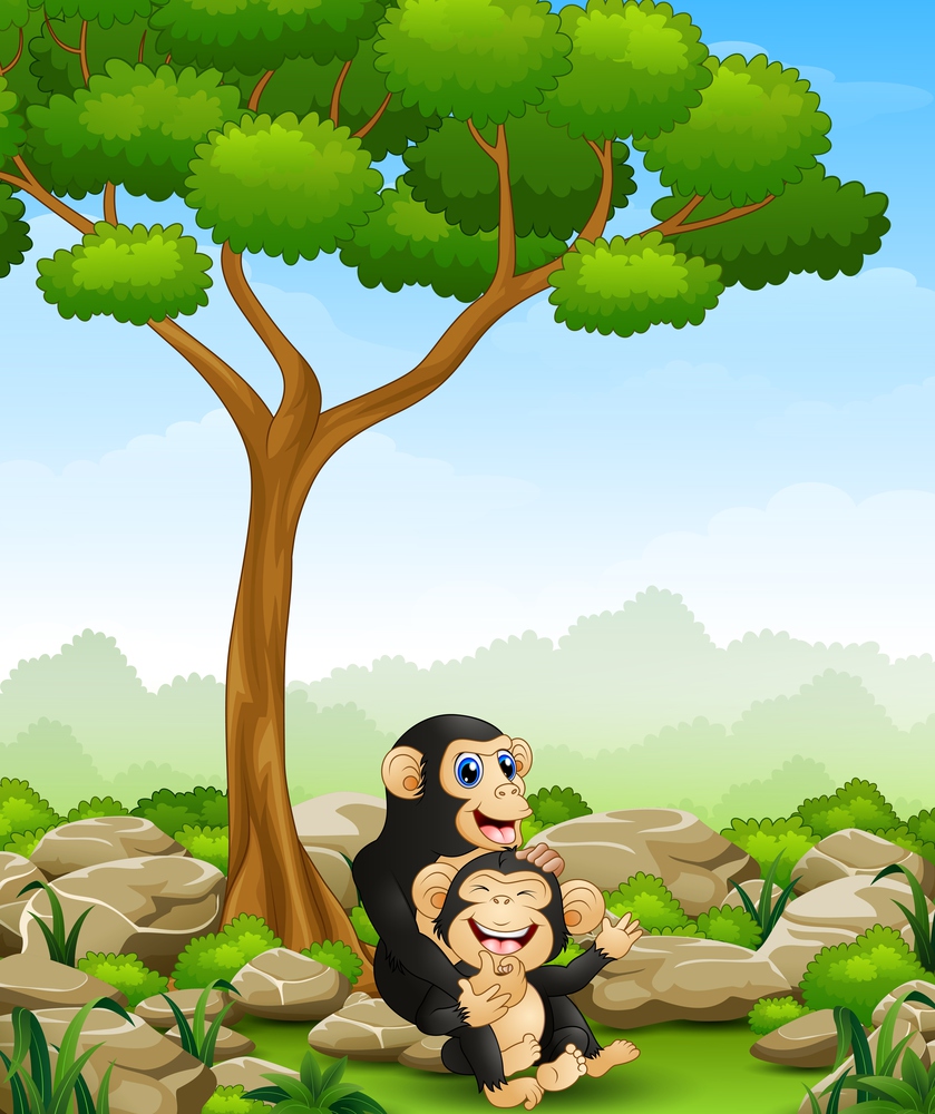Vector illustration of Cartoon chimpanzee mother hug her baby chimp in the jungle
