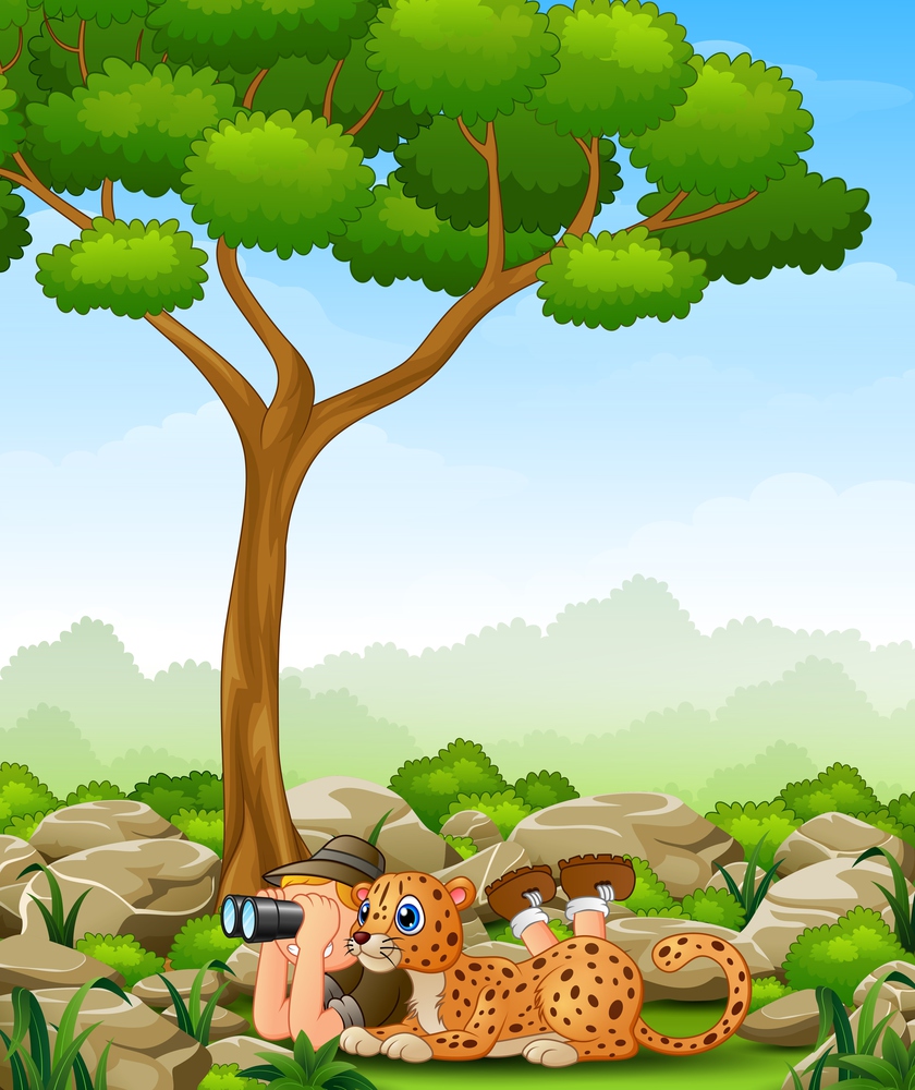 Vector illustration of Cartoon boy lay down using binoculars with a leopard in the jungle