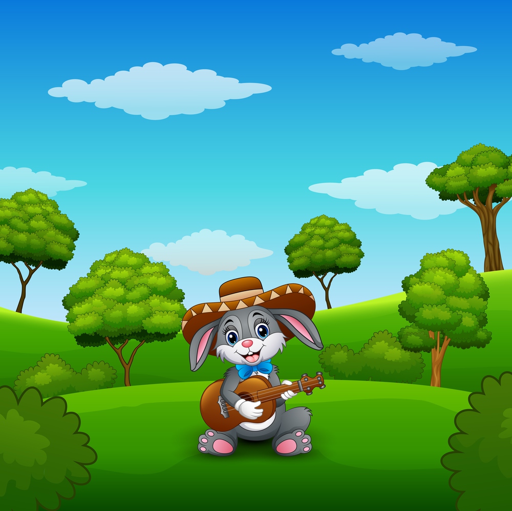Rabbit mexican relax playing guitar and singing in the park