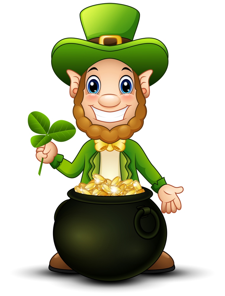 Cartoon Leprechaun with pot of gold and holding clover leaf
