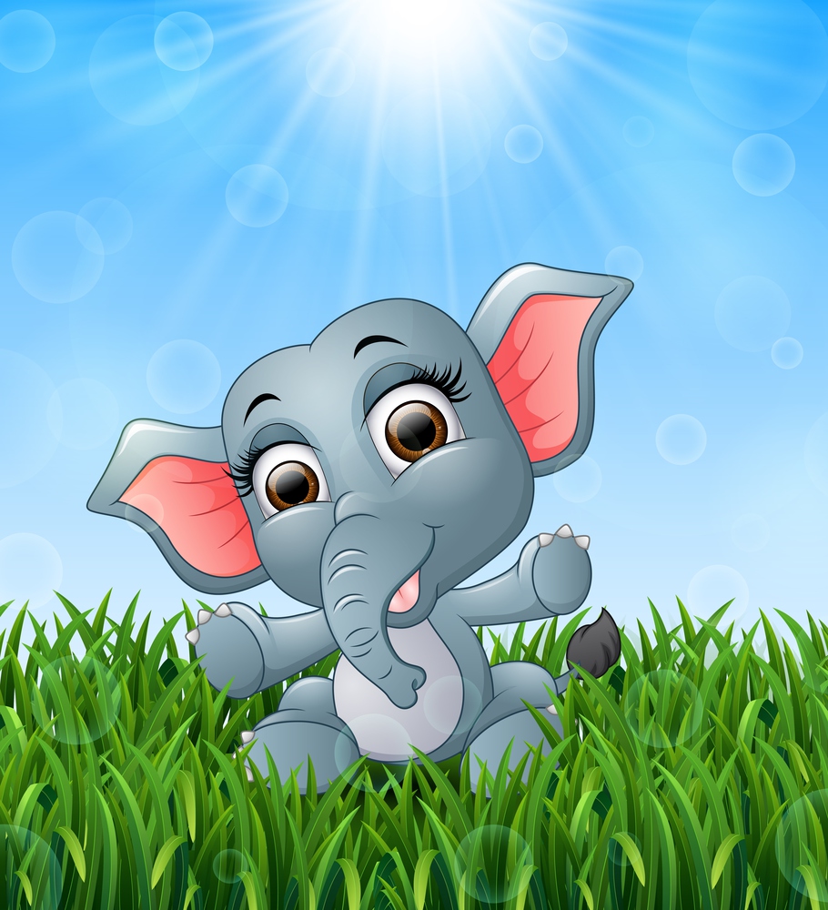 Cartoon baby elephant sitting in the grass on a background of bright sunshine