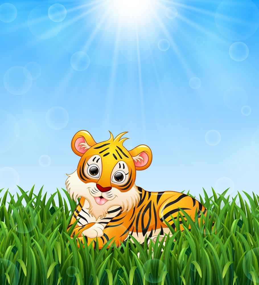 Cartoon tiger lay down in the grass on a background of bright sunshine
