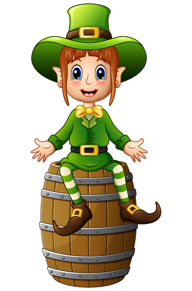 Cartoon girl leprechaun waving with sitting on barrel