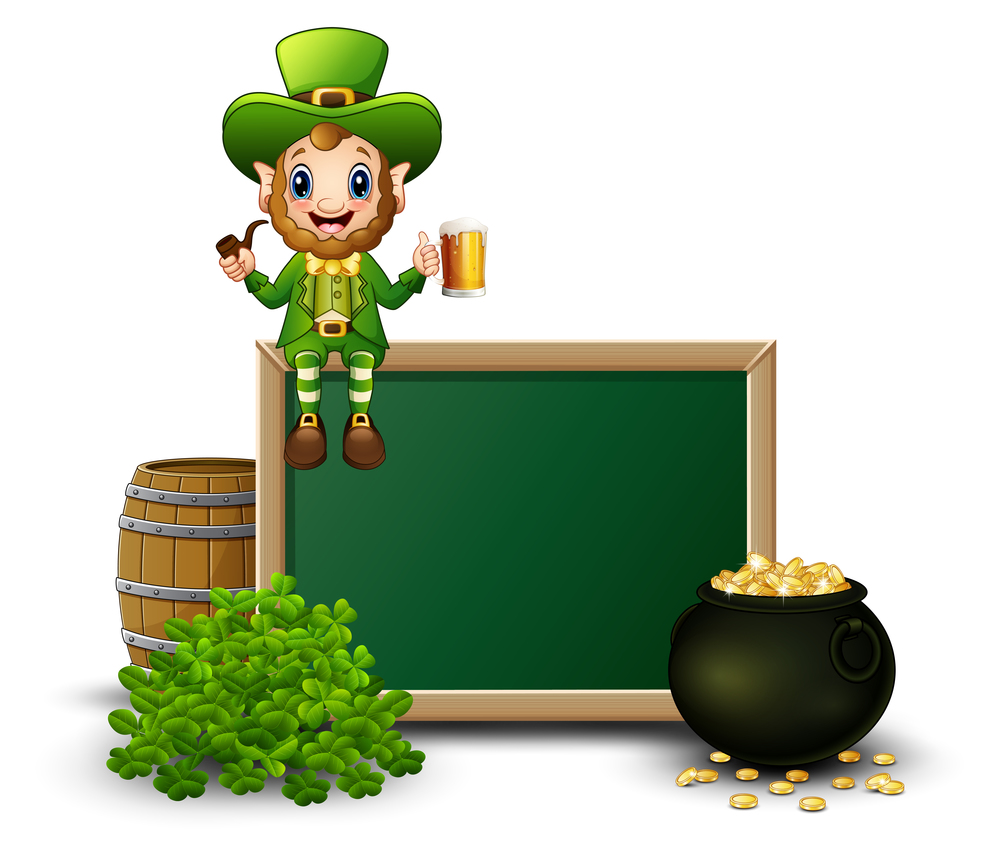 Cartoon leprechaun sitting above chalkboard with a beer and smoking pipes
