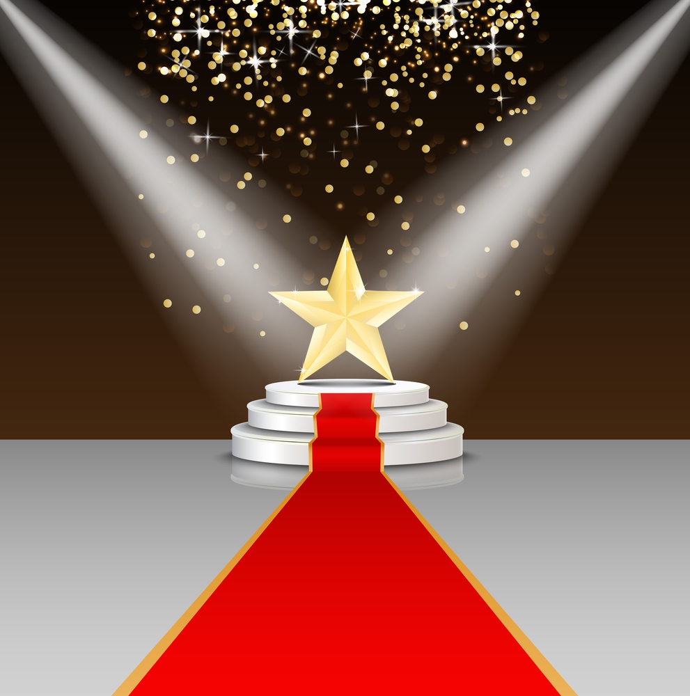 Stage podium with red carpet and star on brown background. Illustration vector