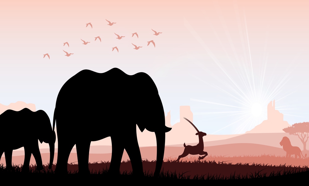 Elephant family with deer and birds. Vector