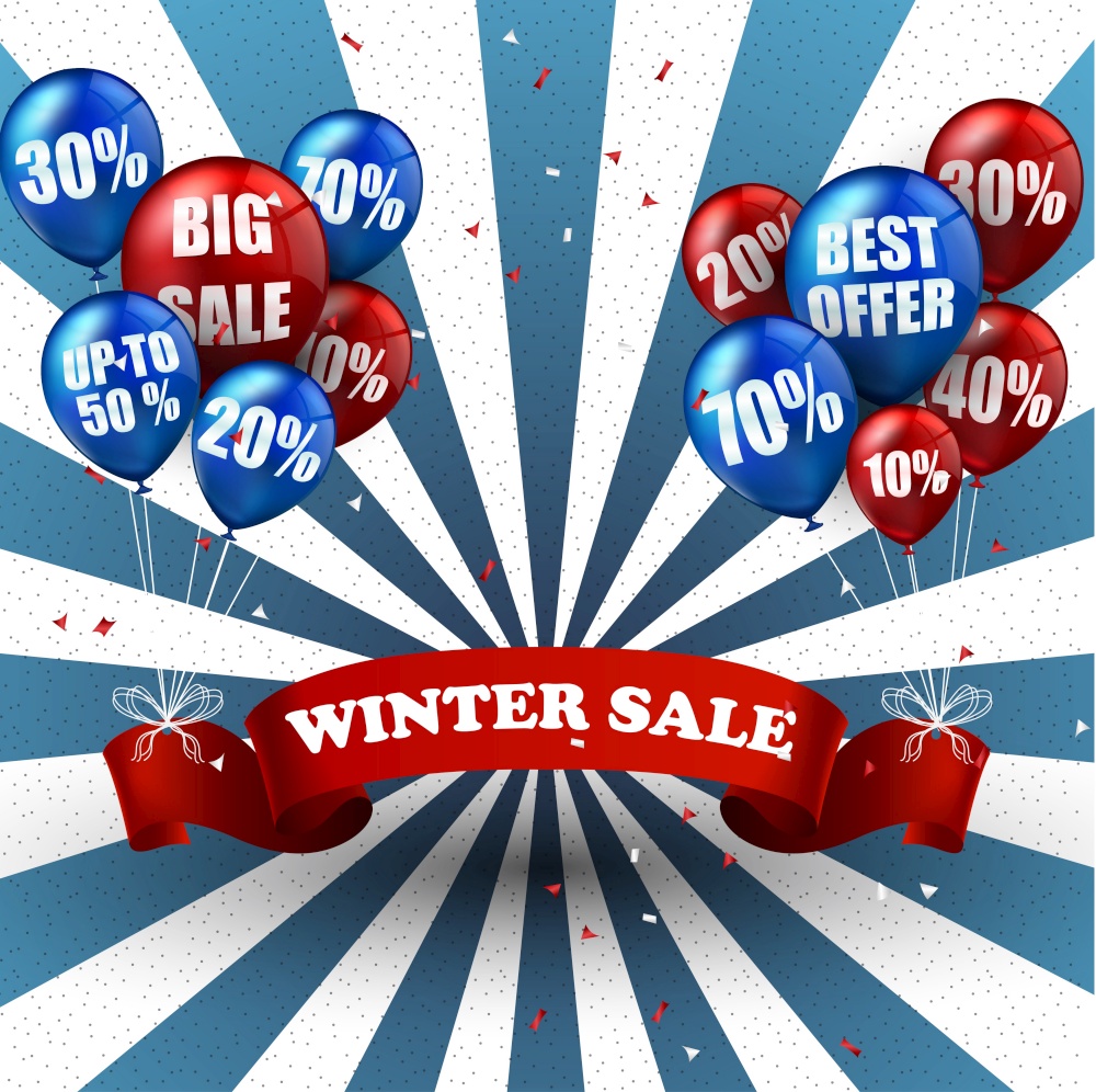 Winter sale balloons and discounts background .vector