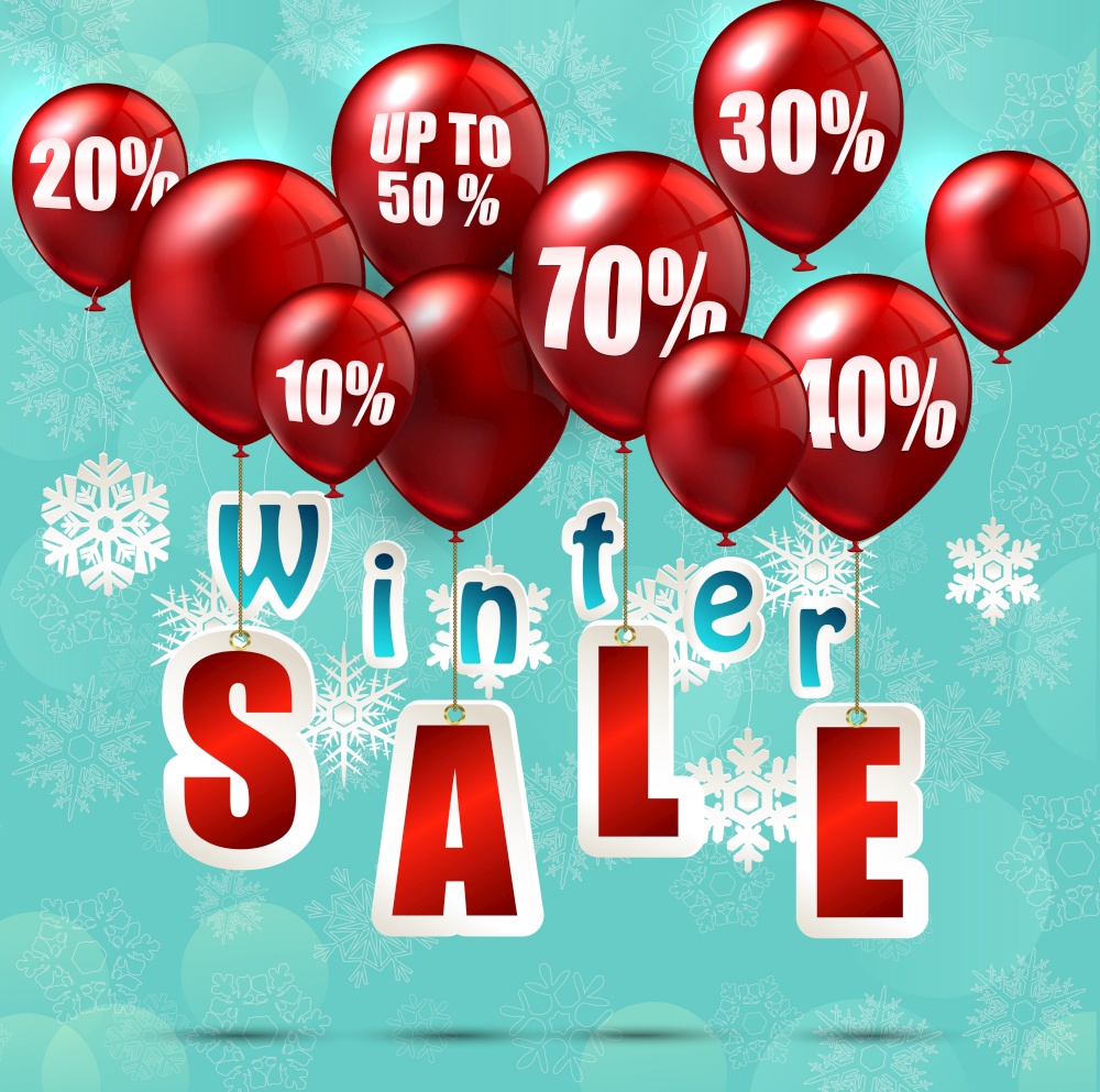 Balloons and discounts on winter sale background. vector