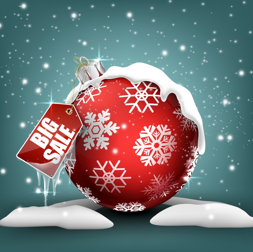 Big winter sale background with red ball banner and snow.vector