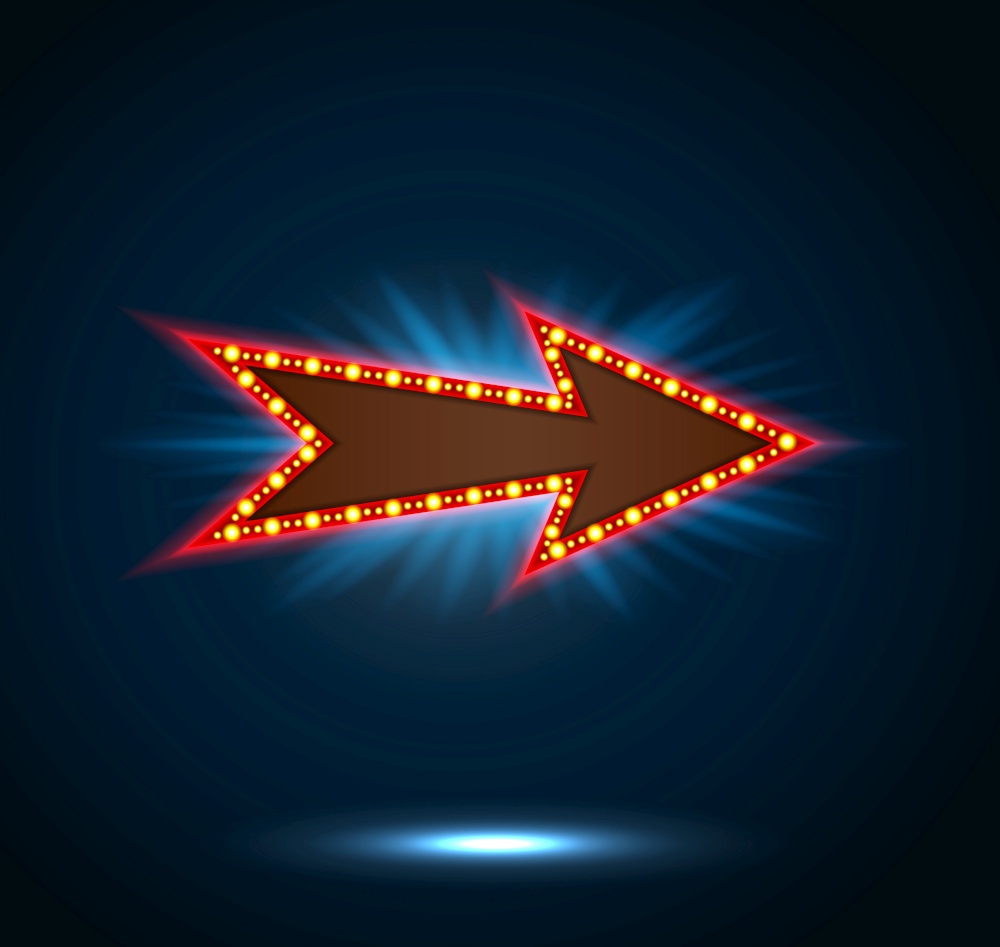 Arrow sign with light bulbs on blue background
