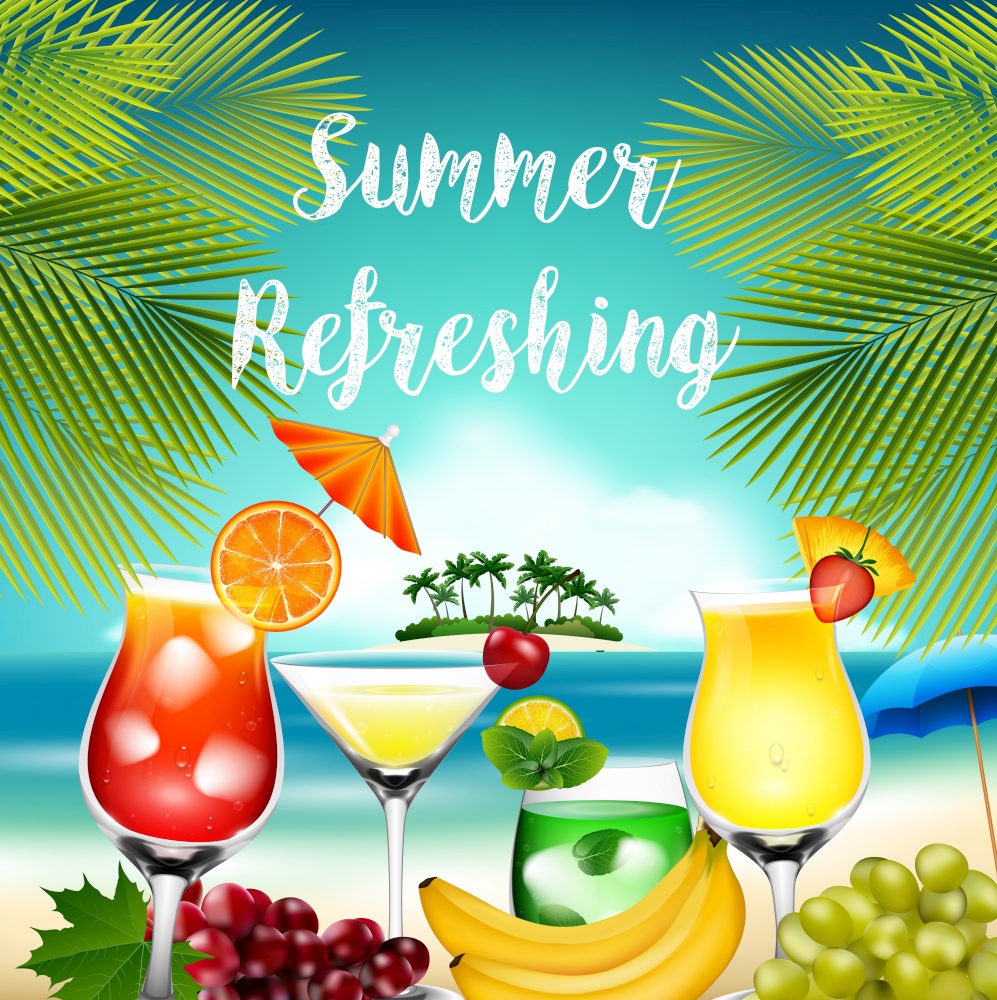 Summer holidays with palm tree, cocktails and fruits.vector