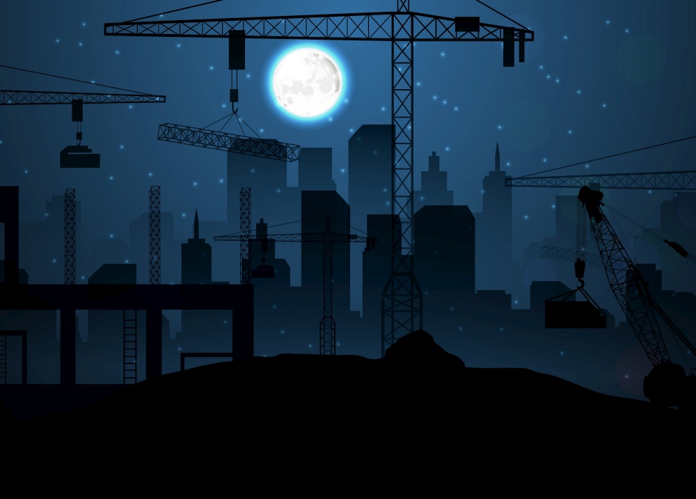 Vector illustration of Construction site with cranes on night sky and moon