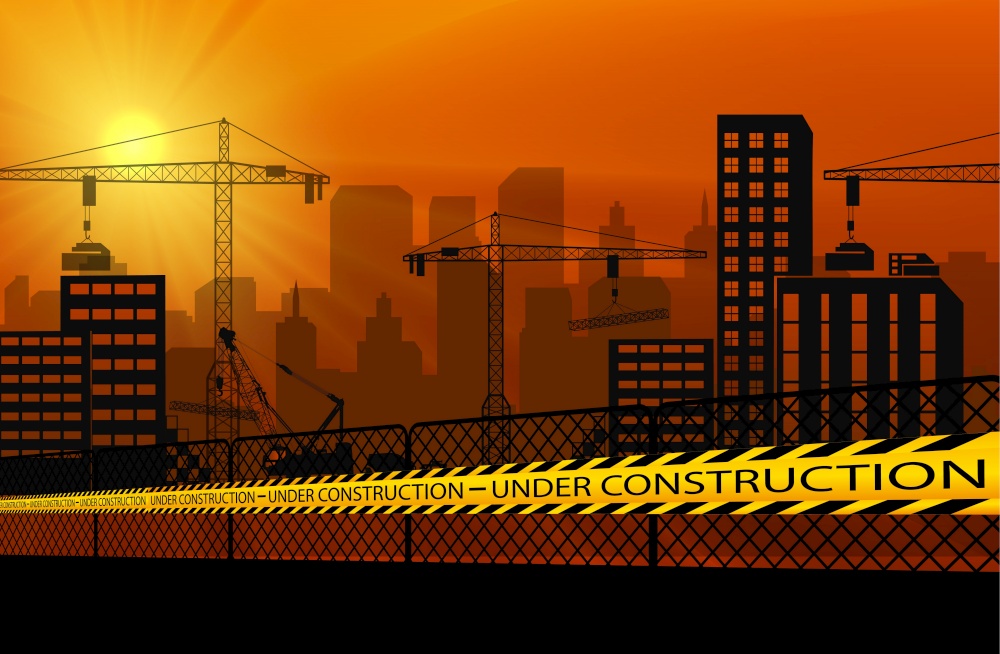 Vector illustration of Buildings with cranes and under construction caution barrier tapes