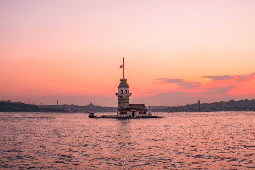 Sunset view of Maiden Tower(Kiz kulesi) in Bosphorus ,Istanbul Turkey