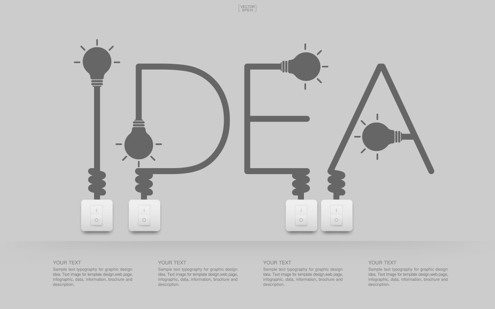 "Idea" Abstract linear alphabet of light bulb and light switch on white background. Lamp and switch with area for infographic and text. Vector illustration.