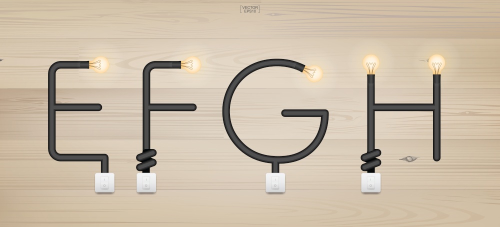 E,F,G,H - Set of loft alphabet letters. Abstract alphabet of light bulb and light switch on wood background. Vector illustration.