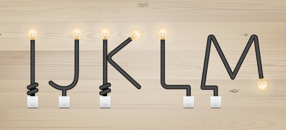 I,J,K,L,M - Set of loft alphabet letters. Abstract alphabet of light bulb and light switch on wood background. Vector illustration.