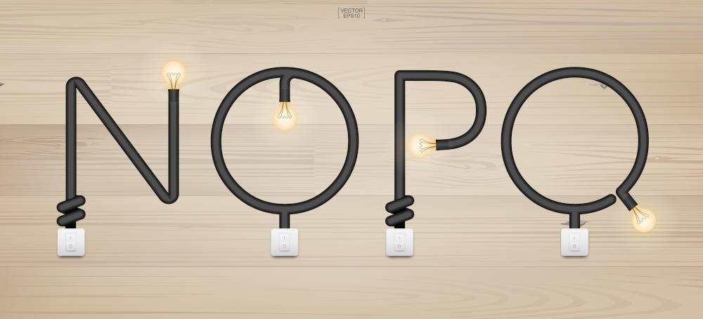 N,O,P,Q - Set of loft alphabet letters. Abstract alphabet of light bulb and light switch on wood background. Vector illustration.