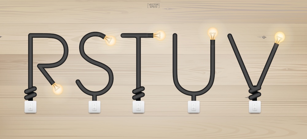 R,S,T,U,V - Set of loft alphabet letters. Abstract alphabet of light bulb and light switch on wood background. Vector illustration.
