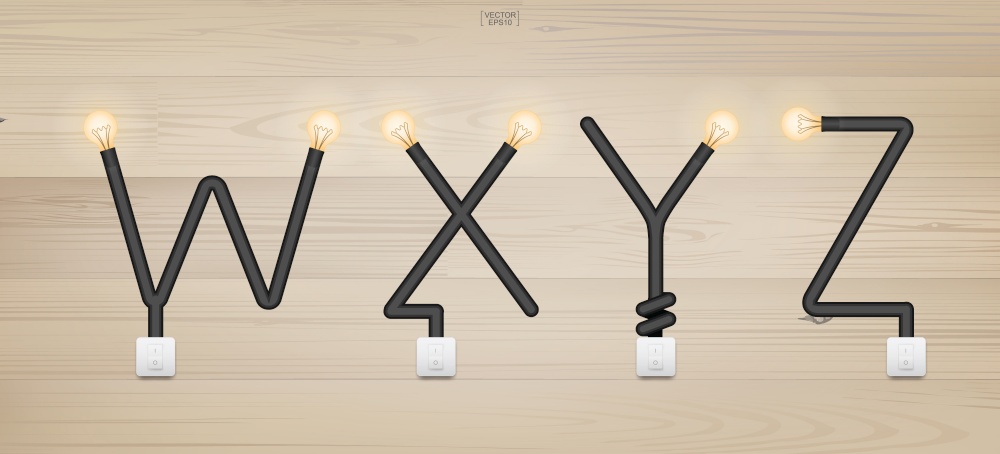 W,X,Y,Z - Set of loft alphabet letters. Abstract alphabet of light bulb and light switch on wood background. Vector illustration.