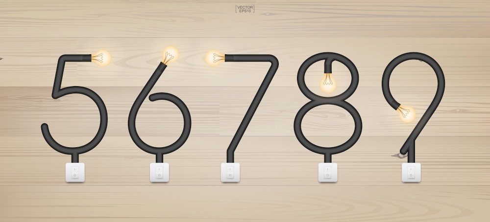 Set of loft alphabet and numbers. Abstract alphabet of light bulb and light switch on wood background. Vector illustration.