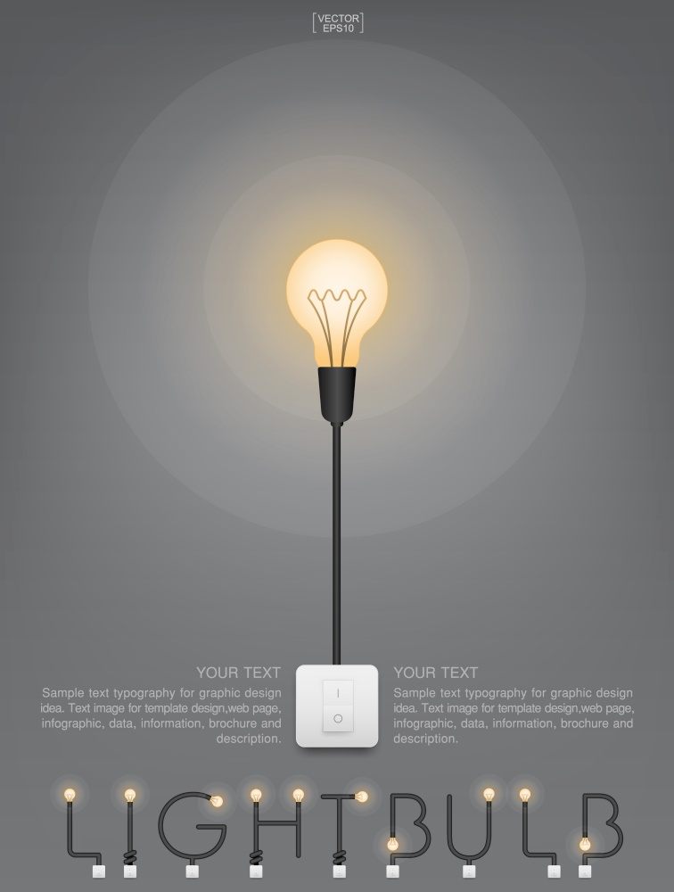 Abstract light bulb and light switch on gray background. Lamp and switch with area for copy space. Vector illustration.