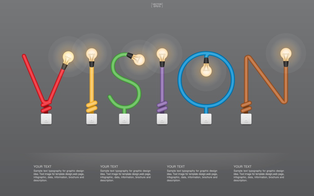 "VISION" Abstract linear alphabet of light bulb and light switch on gray background. Lamp and switch with area for infographic and text. Vector illustration.