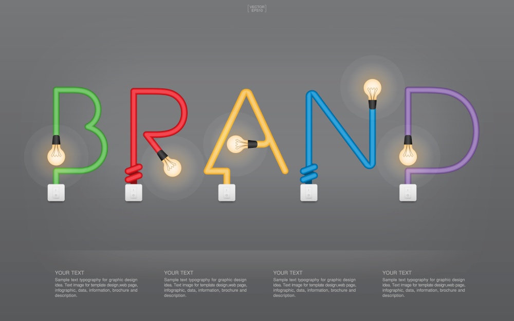 "BRAND" Abstract linear alphabet of light bulb and light switch on gray background. Lamp and switch with area for infographic and text. Vector illustration.