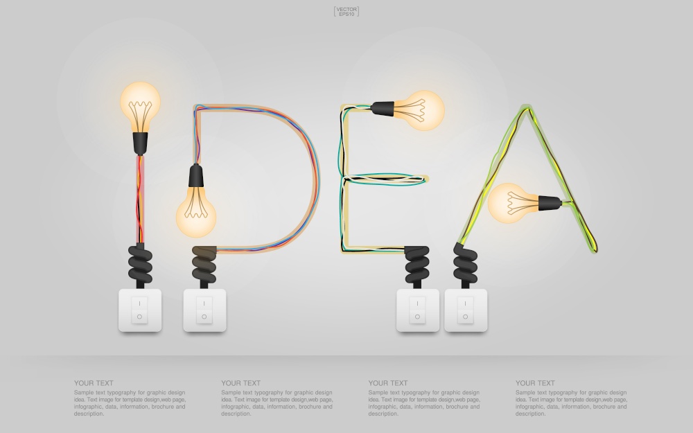 "Idea" Abstract light bulb and light switch on gray background. Vector illustration.