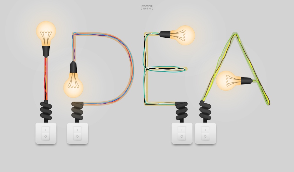 "Idea" Abstract light bulb and light switch on gray background. Vector illustration.