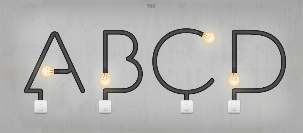 A, B, C, D - Set of loft alphabet letters. Abstract alphabet of light bulb and light switch on concrete wall background. Vector illustration.