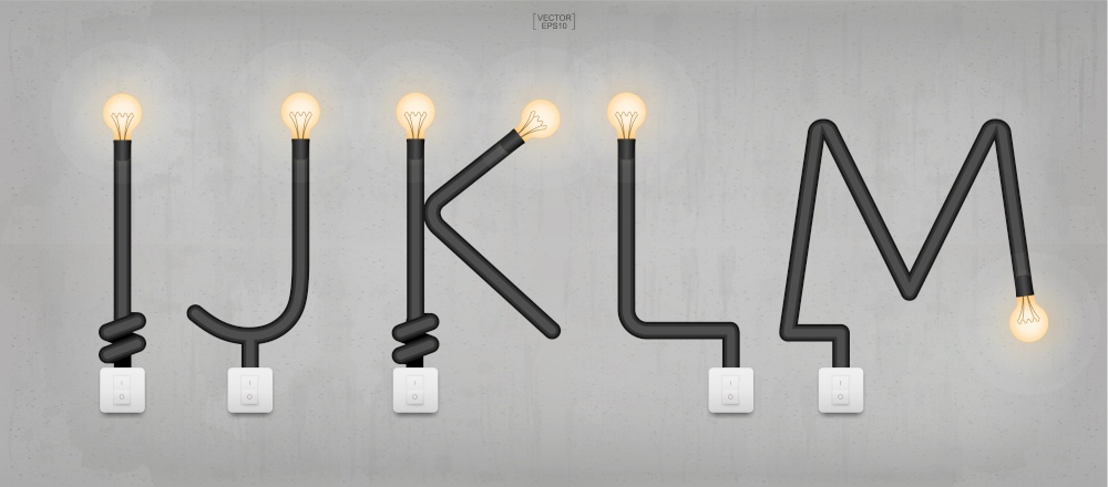 I,J,K,L,M - Set of loft alphabet letters. Abstract alphabet of light bulb and light switch on concrete wall background. Vector illustration.