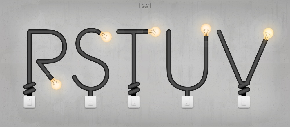 R,S,T,U,V - Set of loft alphabet letters. Abstract alphabet of light bulb and light switch on concrete wall background. Vector illustration.