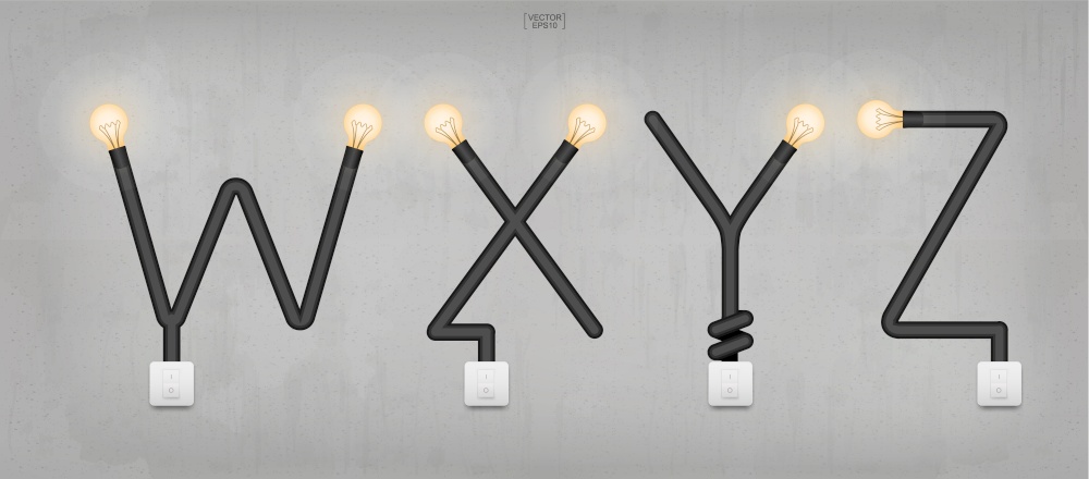 W,X,Y,Z - Set of loft alphabet letters. Abstract alphabet of light bulb and light switch on concrete wall background. Vector illustration.