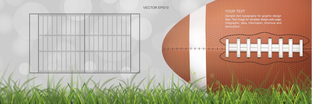 American football ball on green grass field with light blurred bokeh background. Vector illustration.