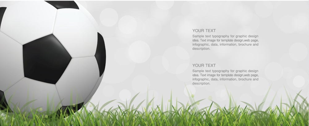 Soccer football ball on green grass field and light blurred bokeh background. Vector illustration.