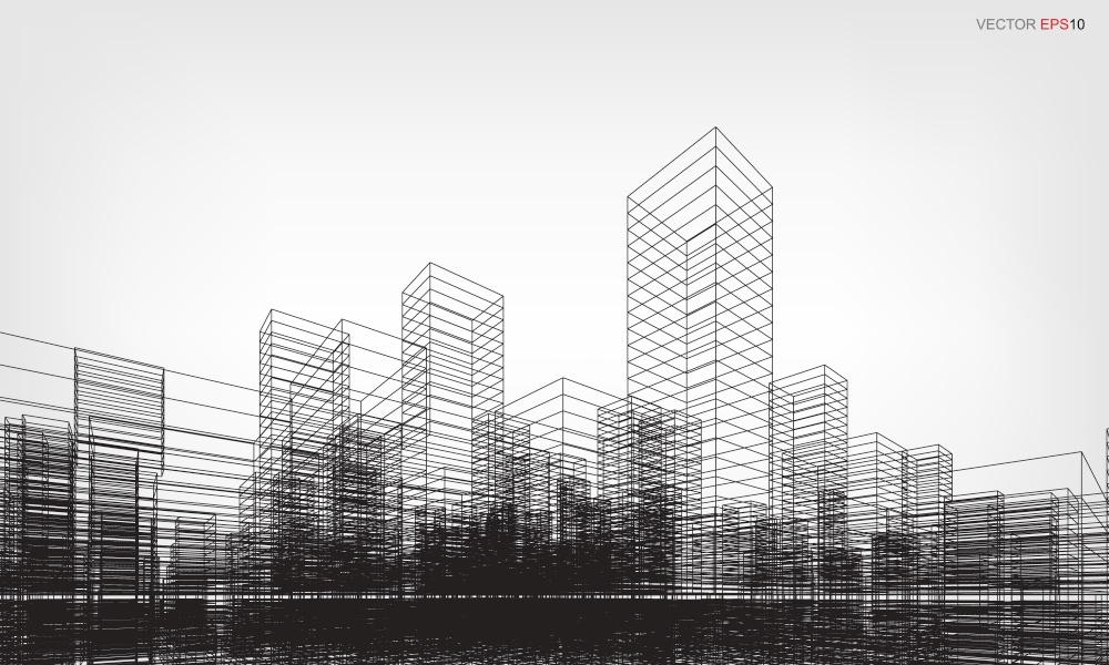Perspective 3D render of city wireframe. Wireframe city background of building. Vector illustration.