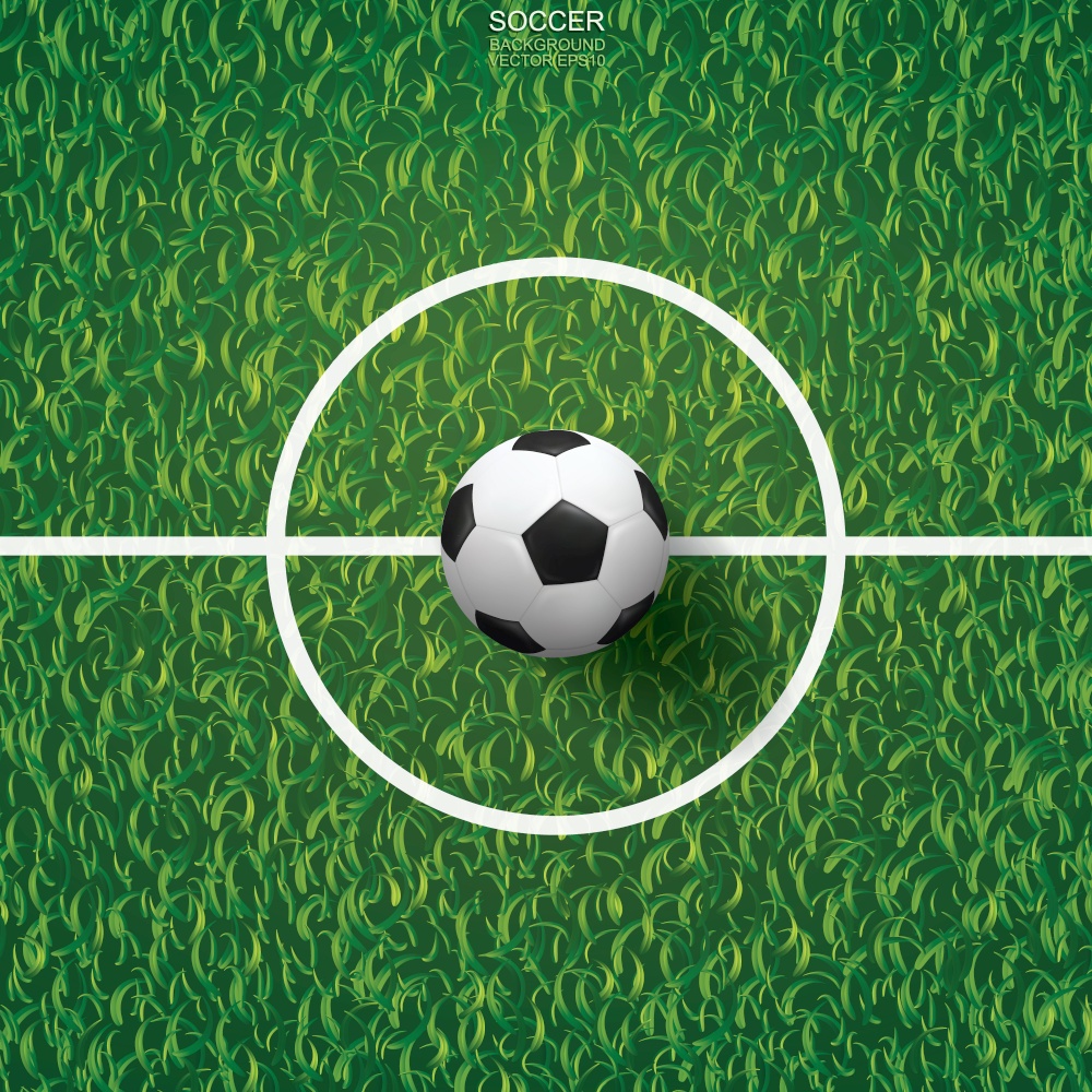 Soccer football ball on green grass of soccer field with center line area. Vector illustration.