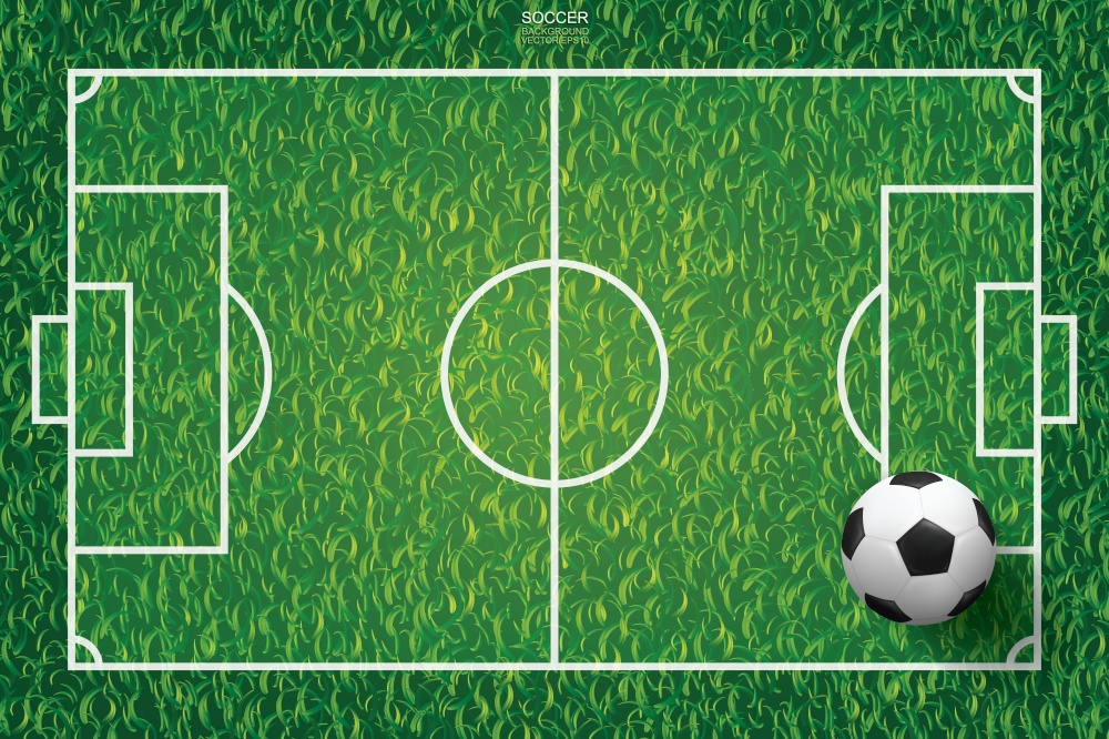 Soccer football ball on green grass of soccer field pattern and texture background. Vector illustration.