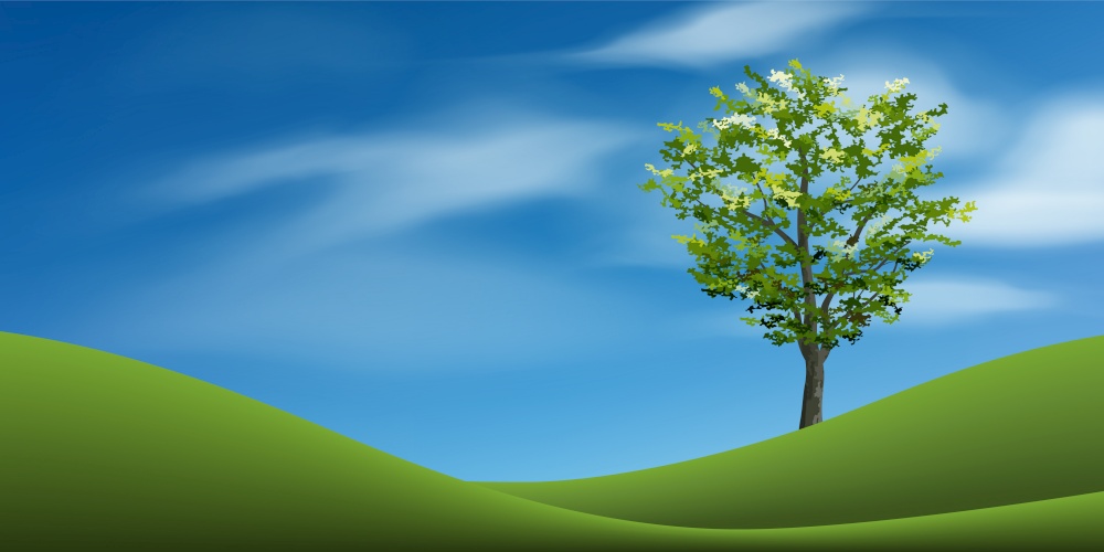 Tree with green grass hill or mountain area and blue sky. Abstract background park and outdoor for landscape design idea. Vector illustration.