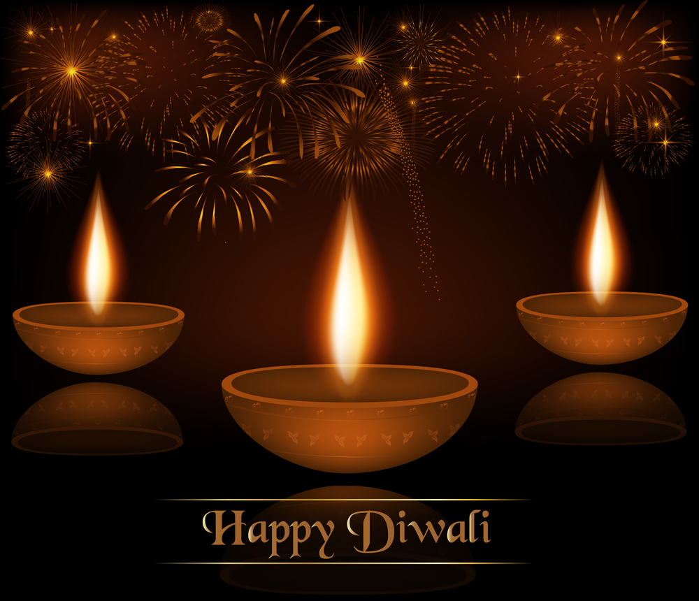 Festival of Lights, Happy Diwali Celebration. Elegant Traditional  Lamps and fireworks on background