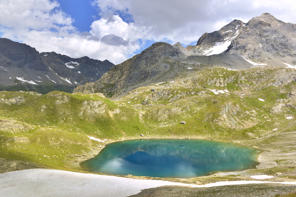 view on a blue lake in alpine mountain under cloudy sky
