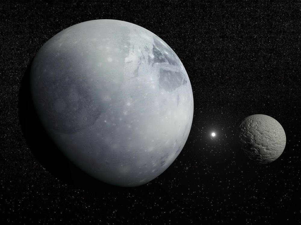 Pluton, its big moon Charon and Polaris star in dark starry background - Elements of this image furnished by NASA. Pluton, Charon and Polaris star - 3D render