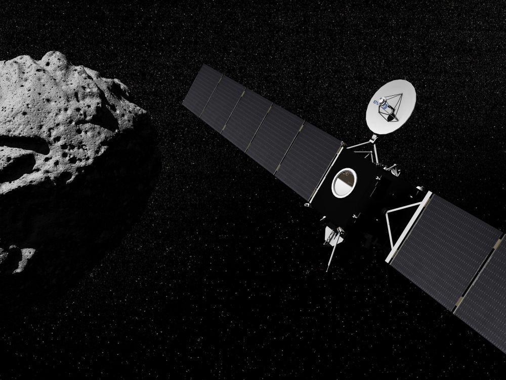 Rosetta probe in the universe next to an asteroid - Elements of this image furnished by NASA. Rosetta probe and asteroid- 3D render