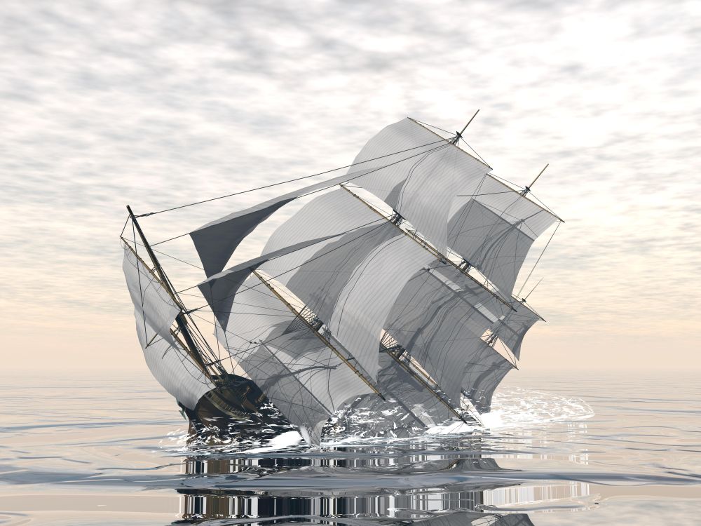 Beautiful detailed old merchant ship sinking in the ocean. Old ship sinking - 3D render