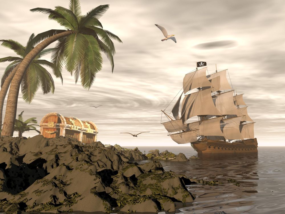 Pirate ship holding black Jolly Roger flag floating on the ocean toward and island showing treasure box by cloudy sunset with seagulls flying. Pirate ship finding treasure - 3D render