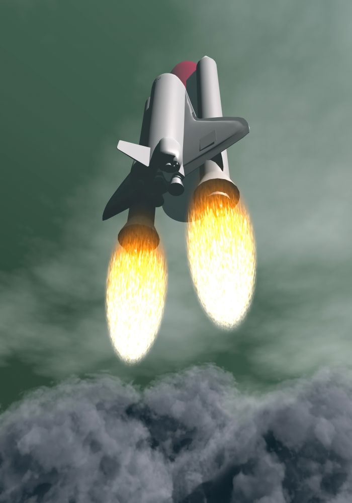 Space shuttle taking off among grey smoke and clouds. Shuttle taking off - 3D render