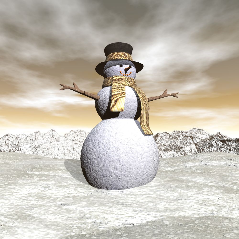 Snowman standing on the hill by brown evening - 3D render